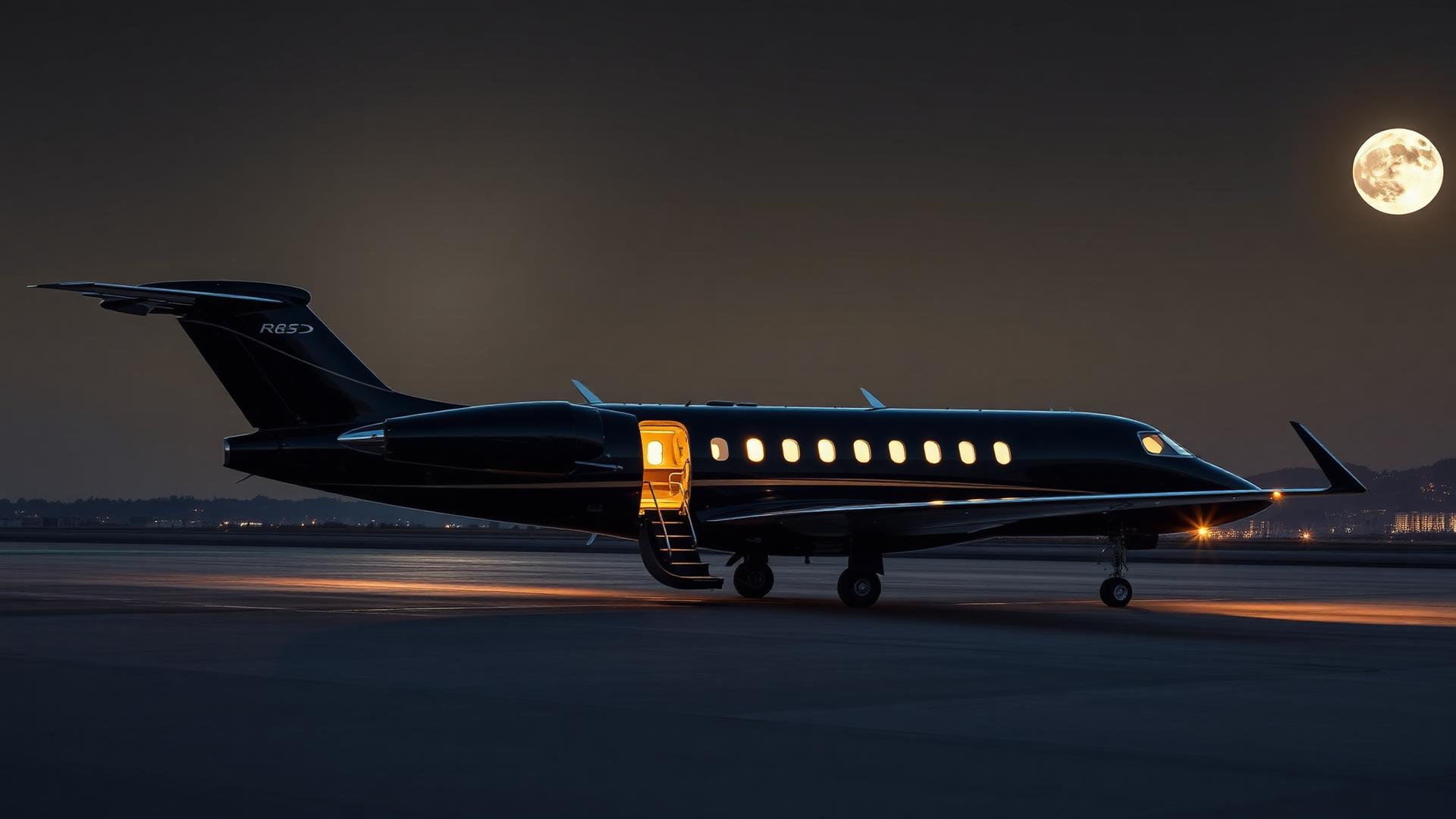 Private jet on a moonlit tarmac